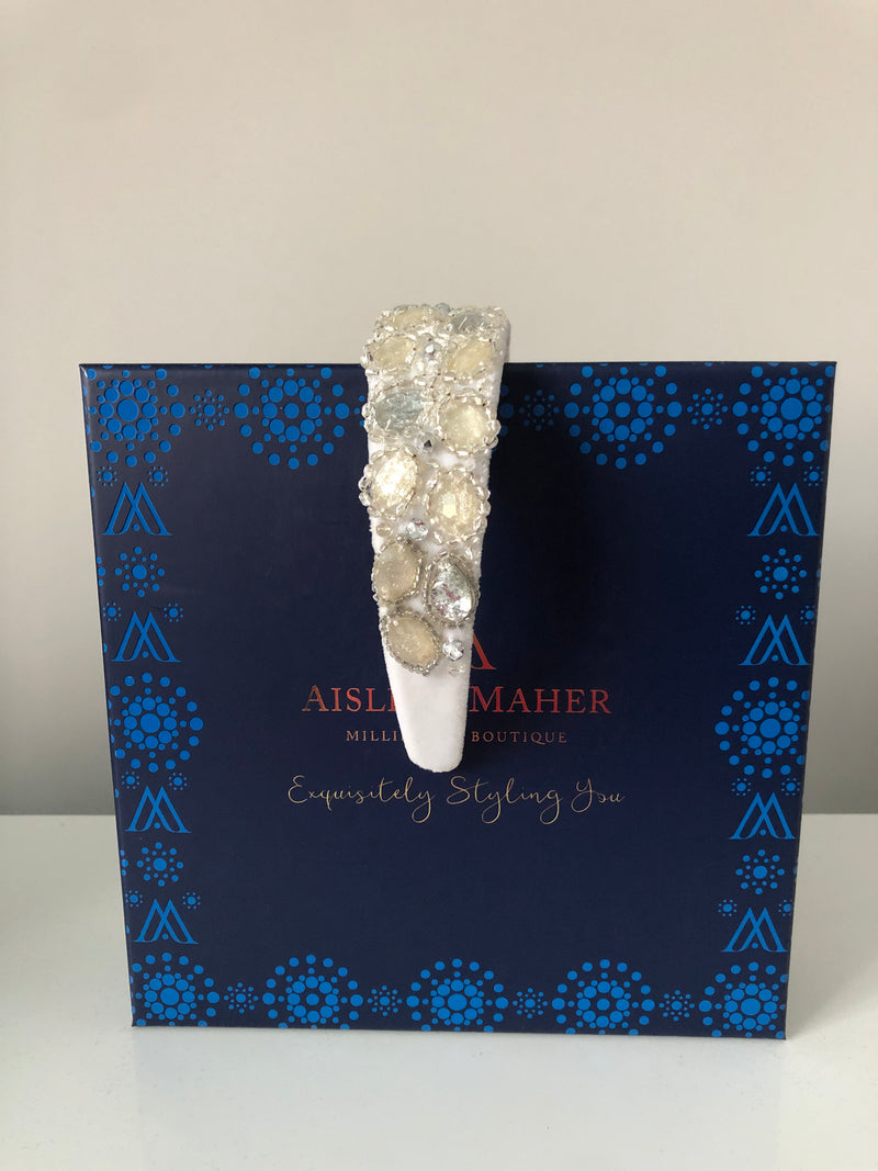 Coco Headpiece Embellished in Silver Cream and Silverthread Crystals