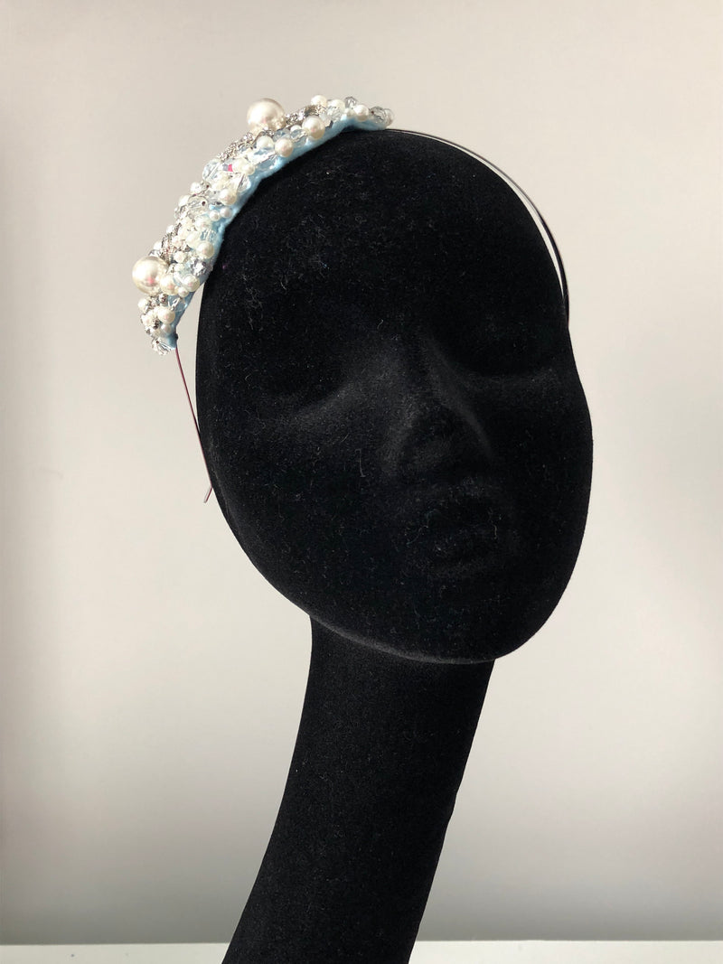 Plumeria Headpiece in Pearl Silver and Baby Blue