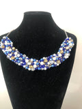 Beaded Neckpiece in Navy Blue Silver and Gold