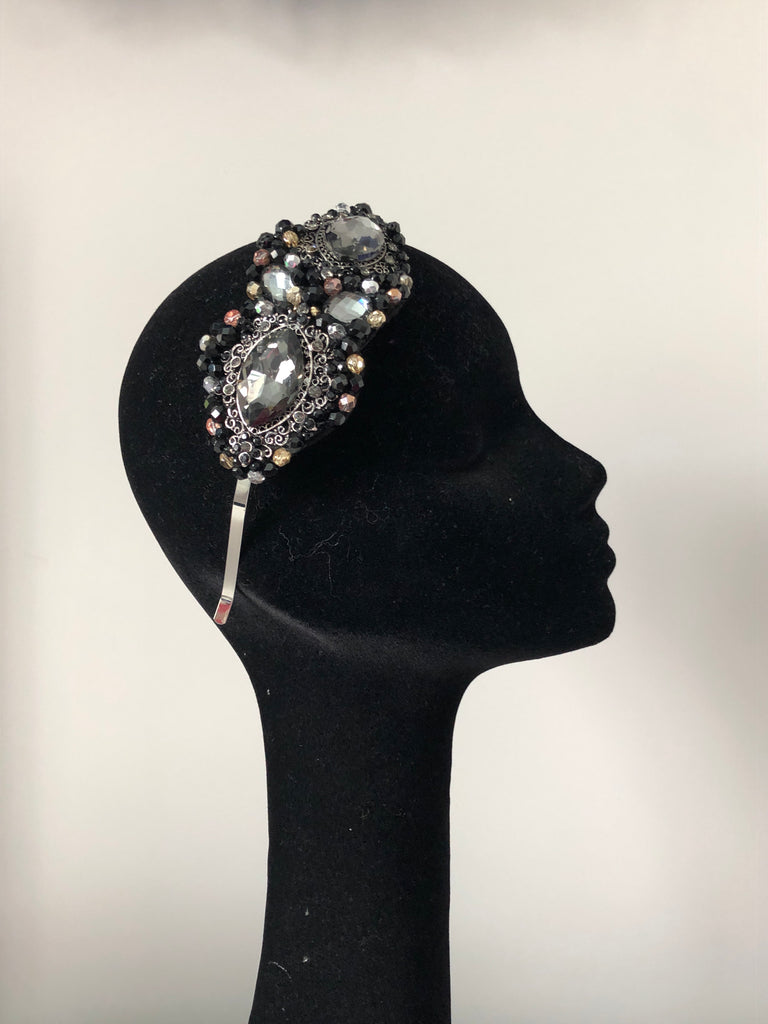Plumeria Headpiece in  Black Pewter Gold and Rosegold Crystals