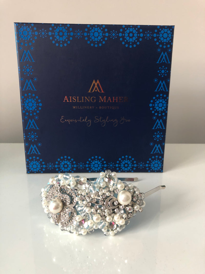 Plumeria Headpiece in Pearl Silver and Baby Blue