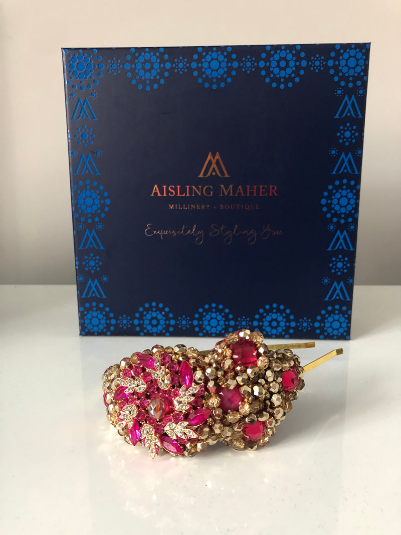 Plumeria Headpiece in Hot Pink and Gold Crystals