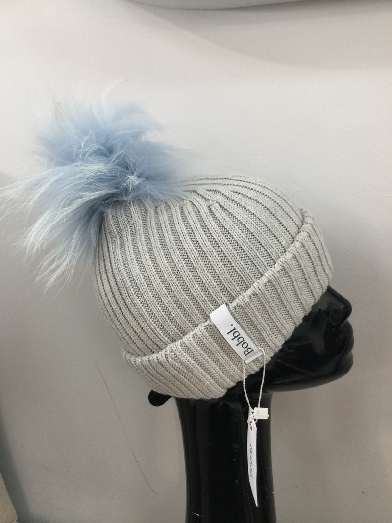 Light Grey hat with Baby Blue Bobbl