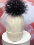 Ivory Merino Hat with Black and Lavender Pom Pom