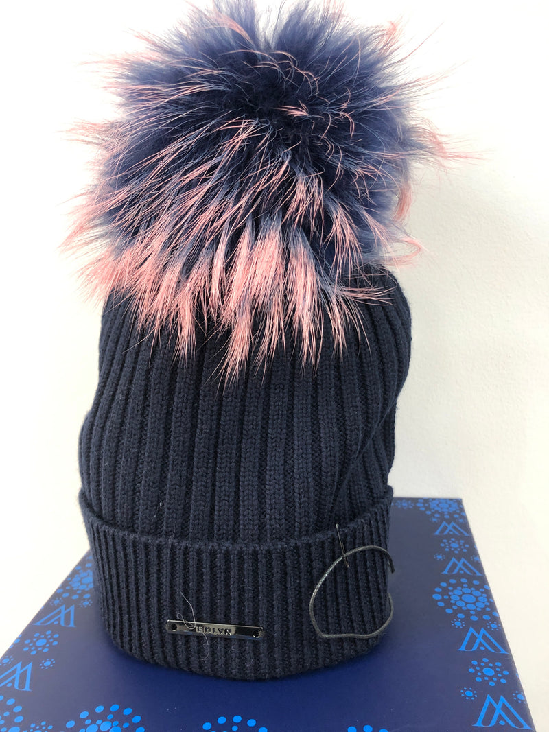 Navy Merino Hat with Navy and Pink Pom Pom