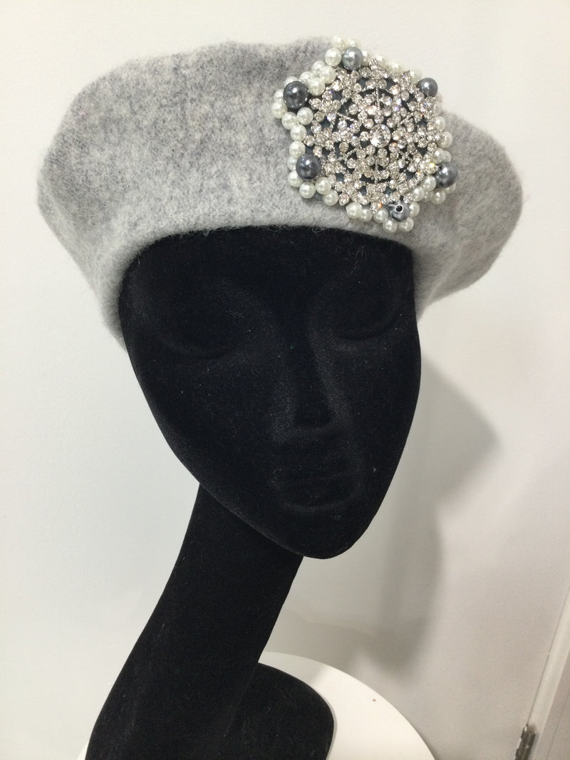 Grey Beret with Crystal Snowflake