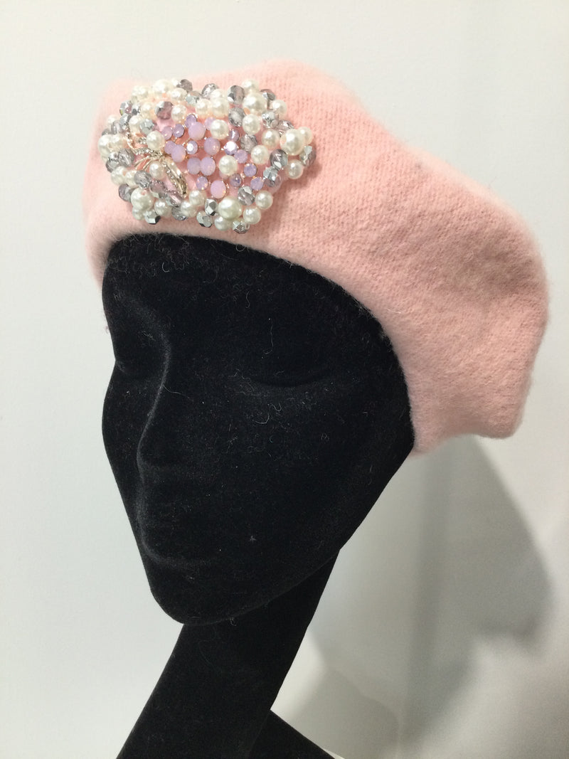 Pale Pink Beret with Silver & Pearls