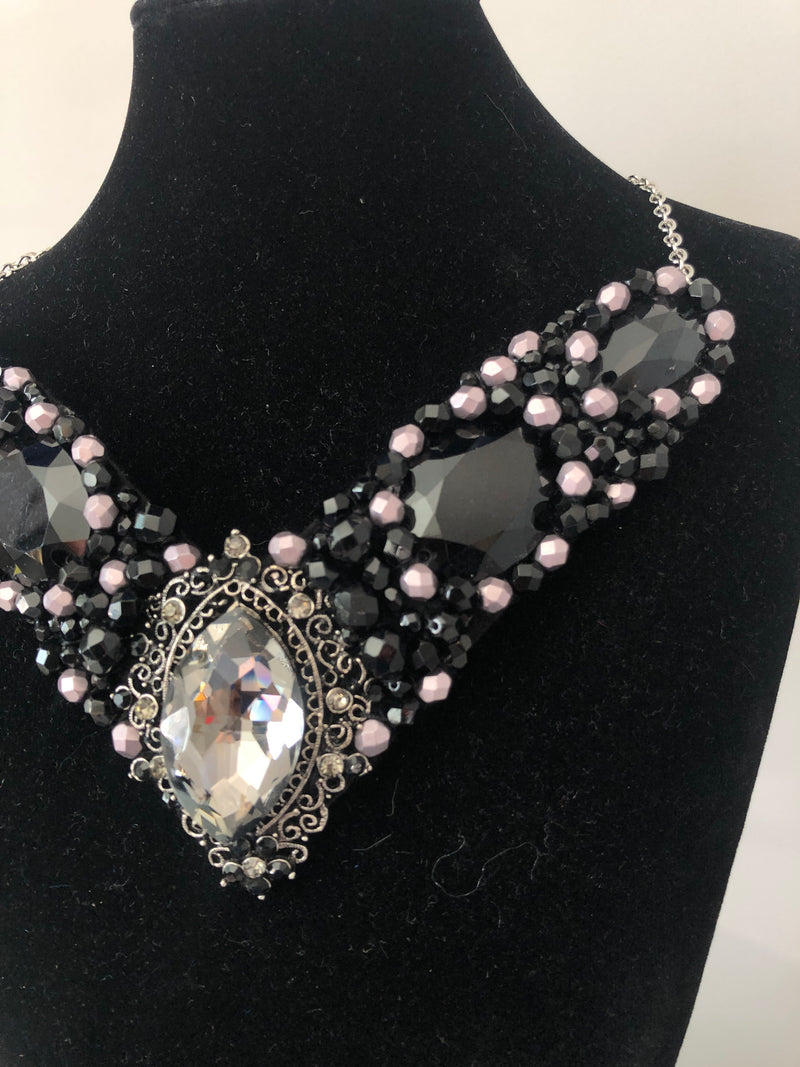 V Collar in Black with Pewter Crystals