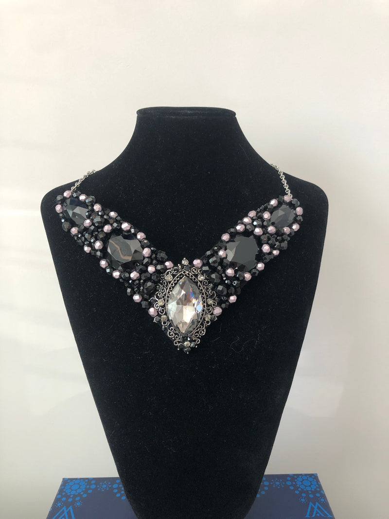 V Collar in Black with Pewter Crystals