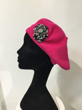 Hot Pink Beret with Crystal Flower
