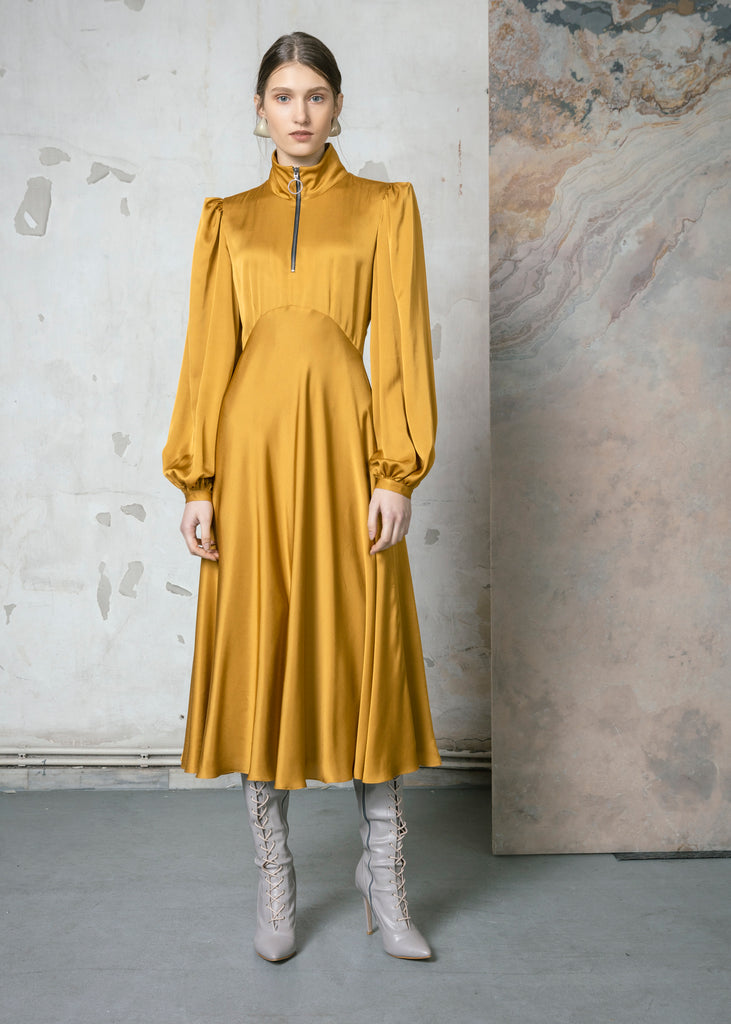 Mustard Empire Line Dress with Balloon Sleeves