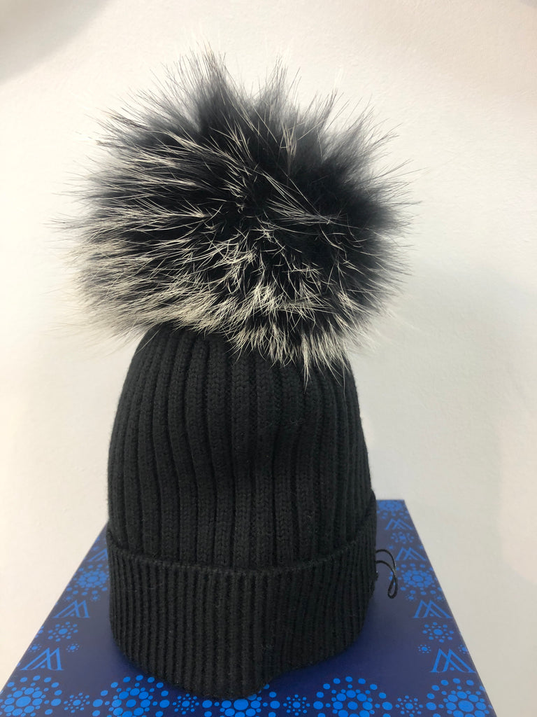Black Merino Wool Hat with Black and Ivory Pom Pom