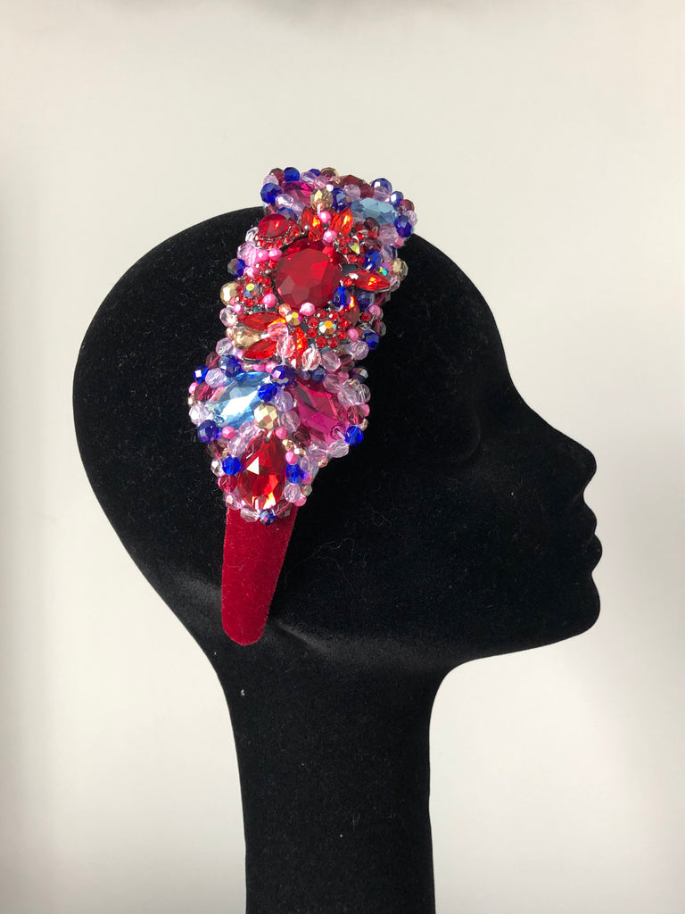 Large Plumeria Headpiece in Red, Pink, Turquoise, Blue and Gold on Red Velvet Band
