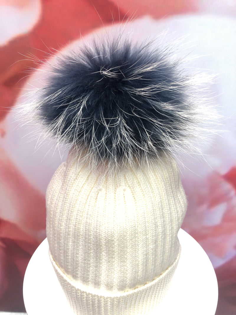 Ivory Merino Hat with Navy and Ivory Pom Pom