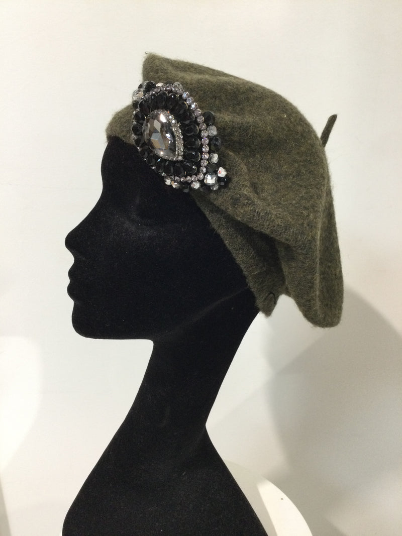 Khaki Beret with Silver Embellishment