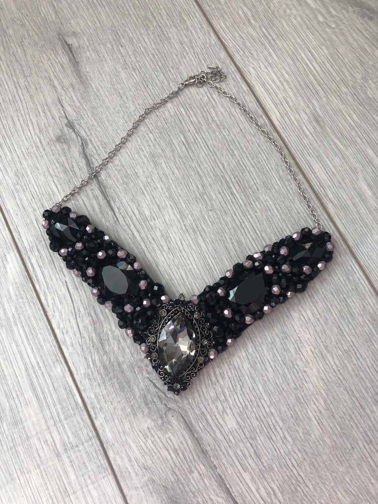 V Collar in Black with Pewter Crystals