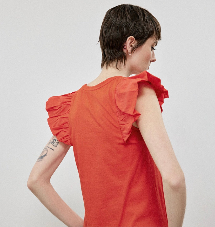 T-shirt with Frilly Sleeves in Coral