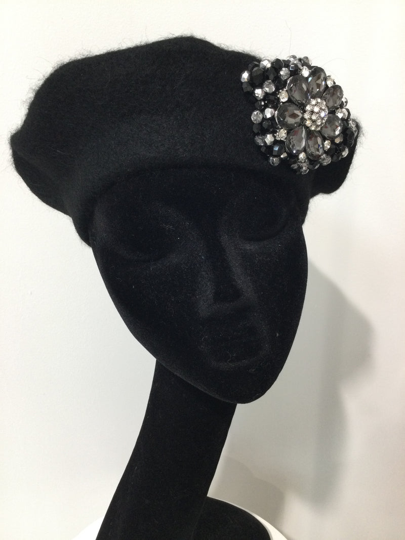 Black Beret with Crystal Flower