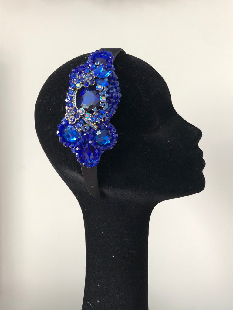 Plumeria Headpiece in Royal Blue on a Black Satin Band