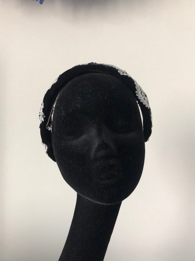 Coco Headpiece in Black Velvet Embellished with Silver Lace