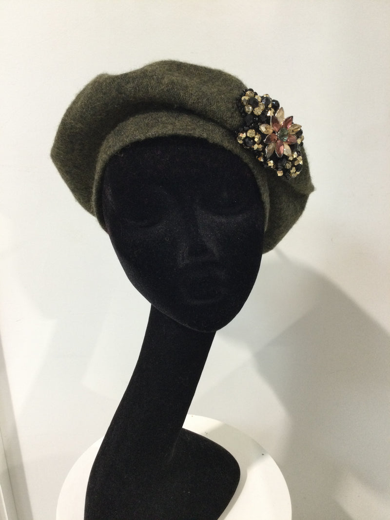 Khaki Beret with Gold Embellishment