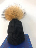 Black Merino Wool Hat with Natural Pom Pom