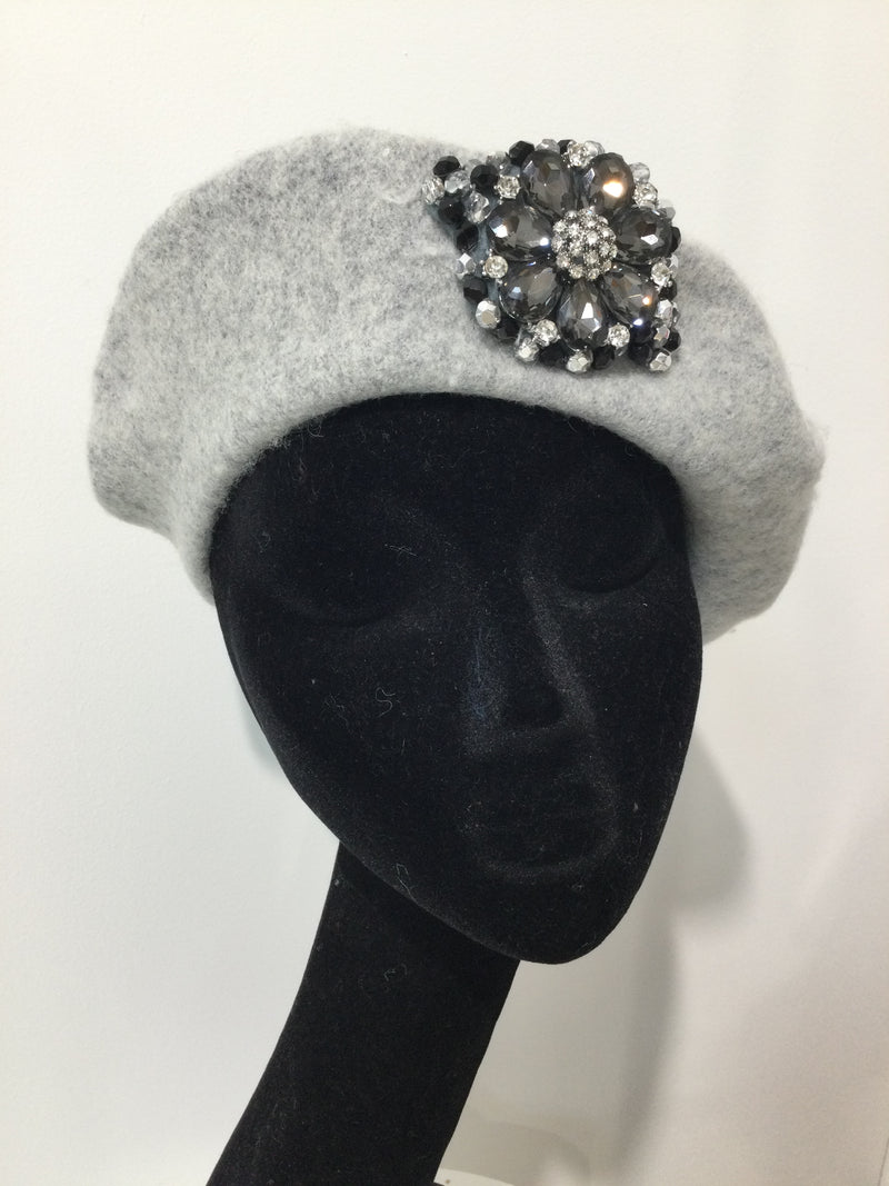 Grey Beret with Flower Embellishment