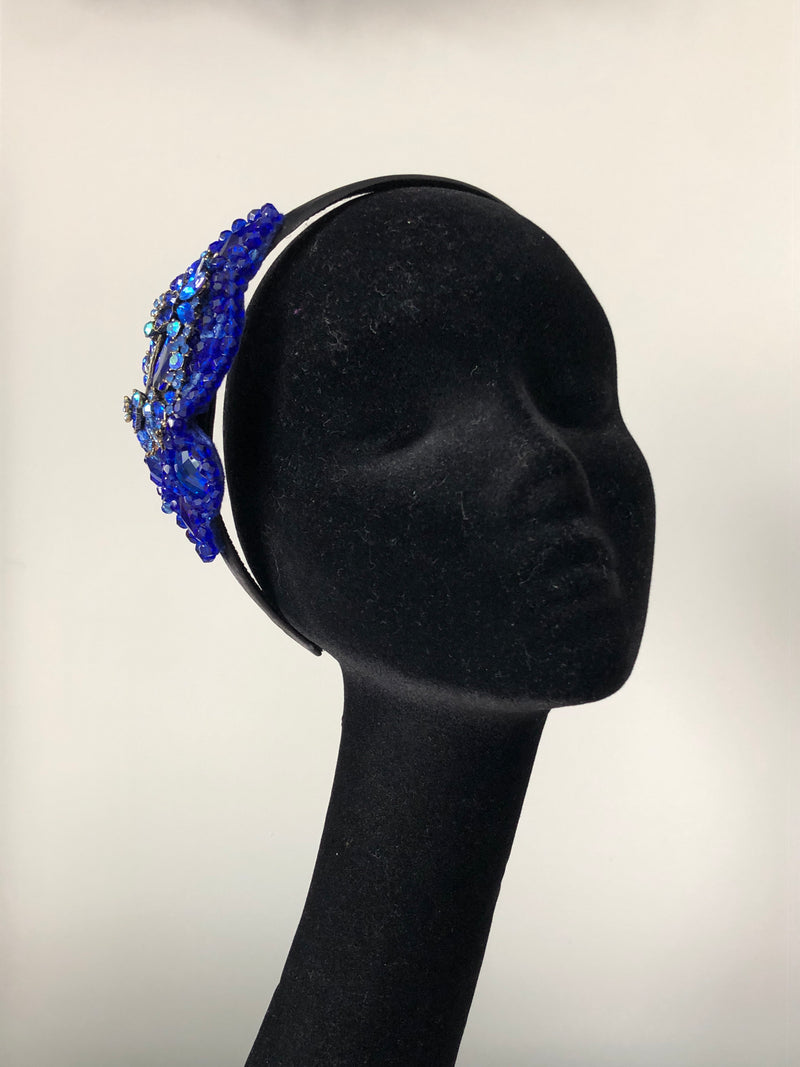 Plumeria Headpiece in Royal Blue on a Black Satin Band