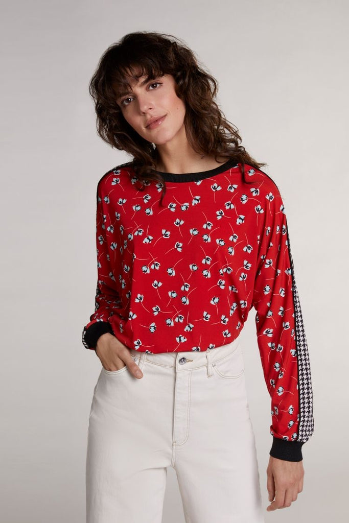 Red Printed Top with Houndstooth Sleeve Trim