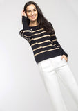 Black and Beige Striped Sweater with Gold Buttons