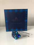 Plumeria Headpiece in Turquoise Gold Navy Crystals on a Royal Velvet Headband