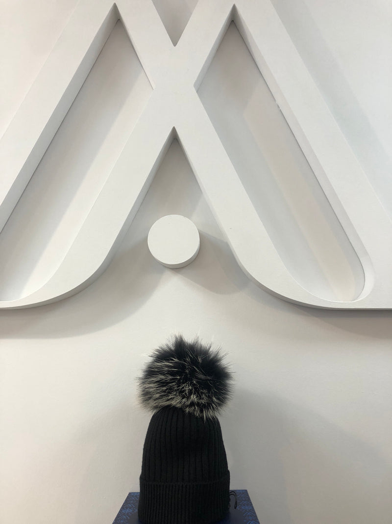 Black Merino Wool Hat with Black and Ivory Pom Pom