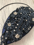 Teardrop in Navy Black and Silver Crystals on Navy Satin