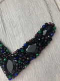 V Collar in Black with Green Blue and Burgundy Crystals