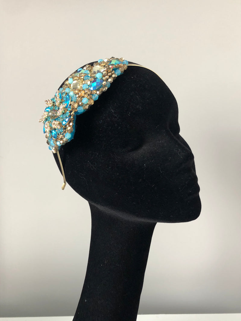Plumeria Headpiece in Turquoises and Gold Crystals