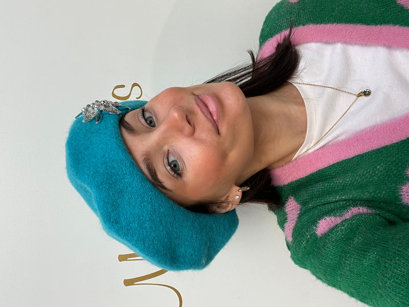 Turquoise Beret with Silver and Turquoise Brooch