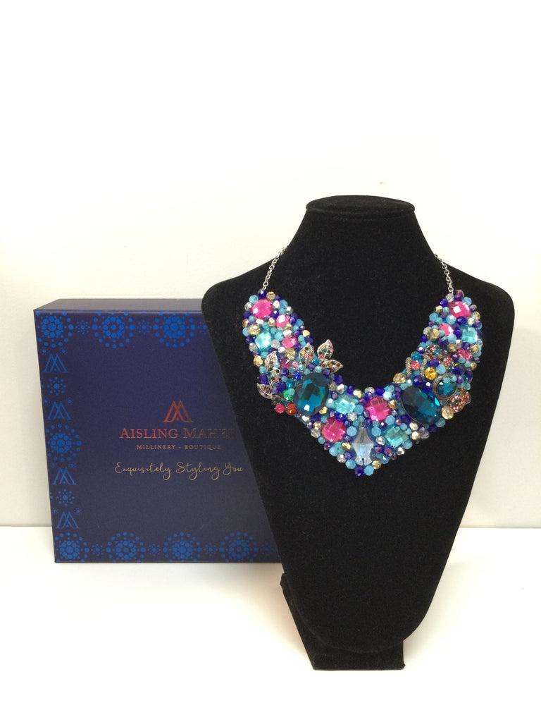 V Collar in turquoise, royal and cerise crystals