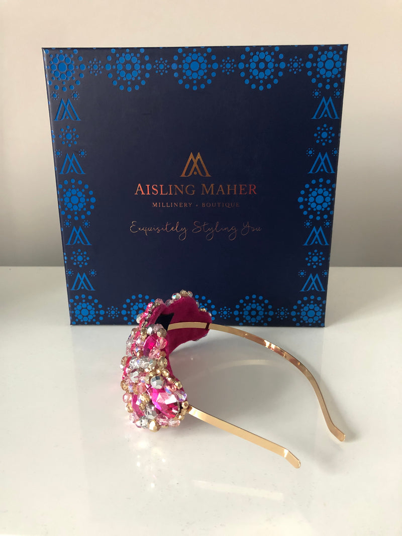 Large Plumeria Headpiece in Pink Silver and Gold Crystals