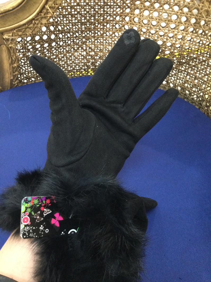 Black Fur Gloves with Bow