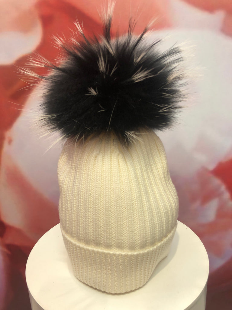 Ivory Merino Hat with Black and Ivory Pom Pom