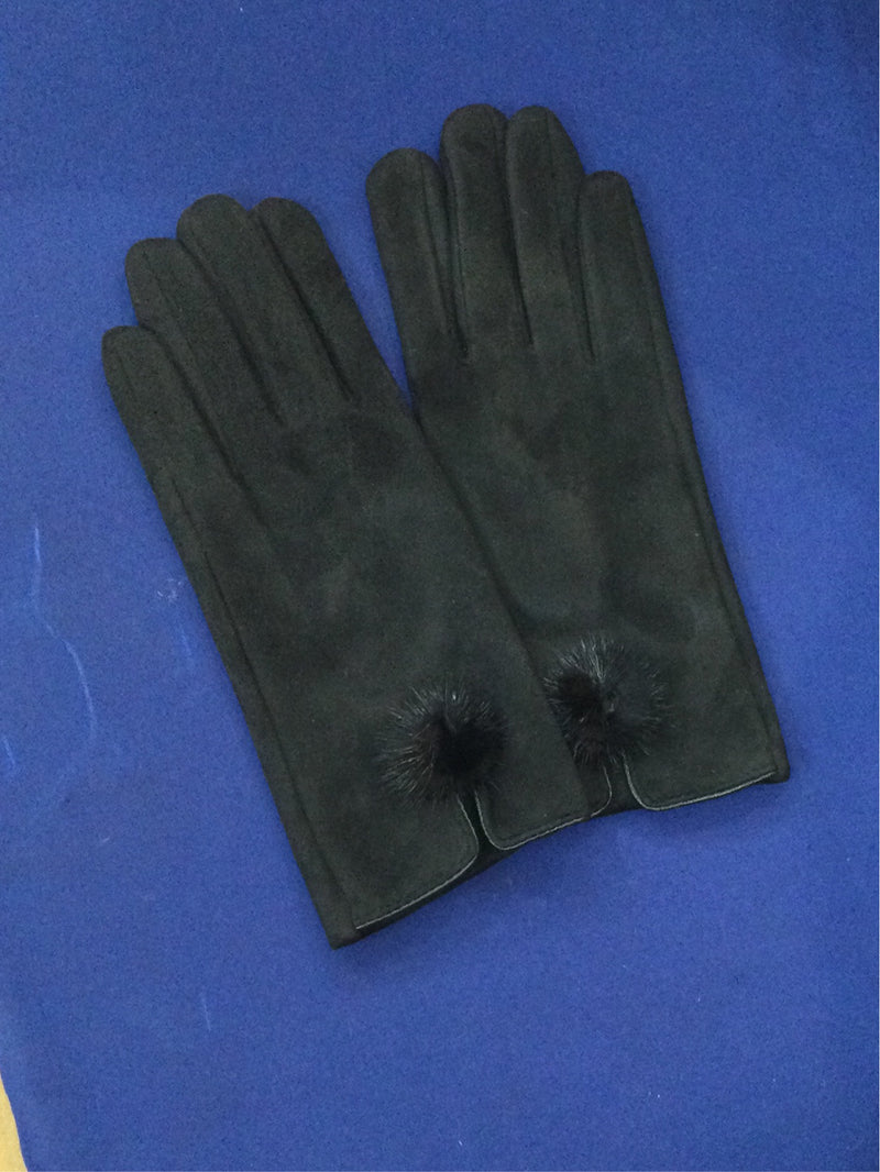 Black Gloves with Fur Pom