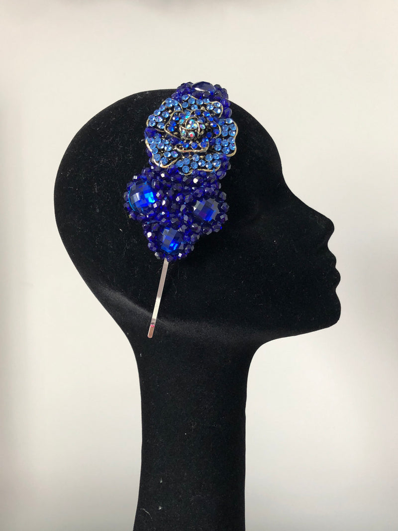 Plumeria headpiece in Royal Blue with Antique Gold Crystals