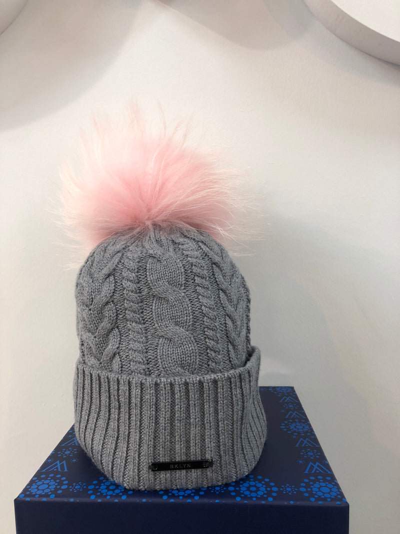 Charcoal Cable Merino Hat with Pink Pom Pom