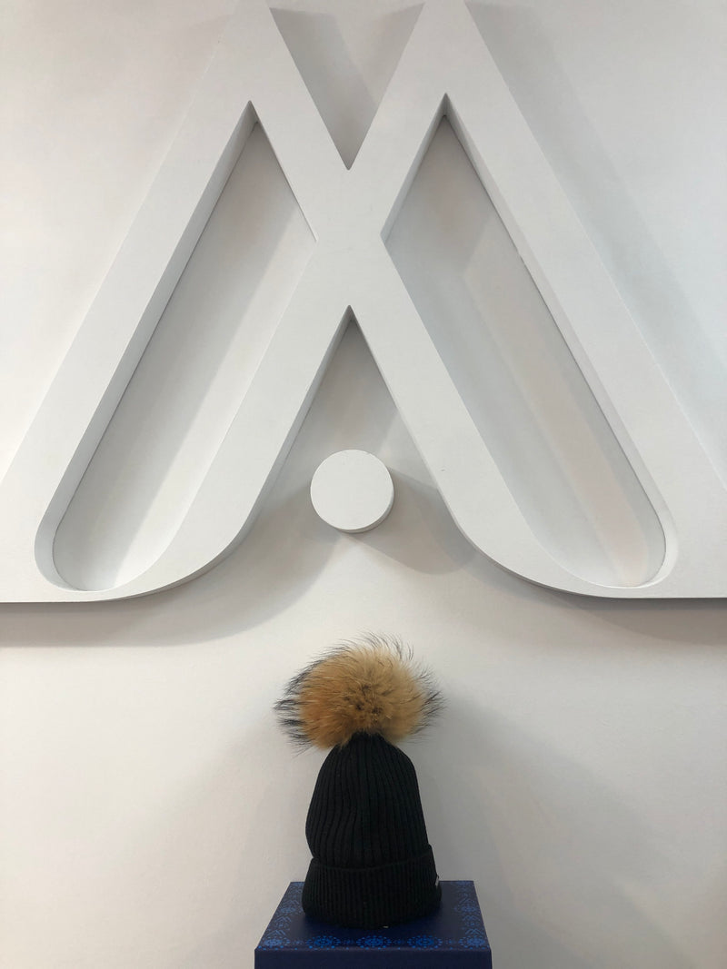 Black Merino Wool Hat with Natural Pom Pom