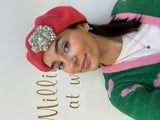 Coral Beret with Crystal Snowflake