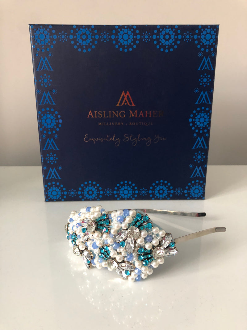 Plumeria Headpiece in Pearl Turquoise and Crystals