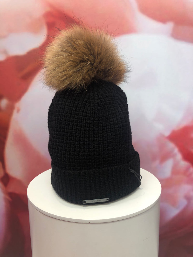 Black Waffle Merino Hat with Natural Pom Pom