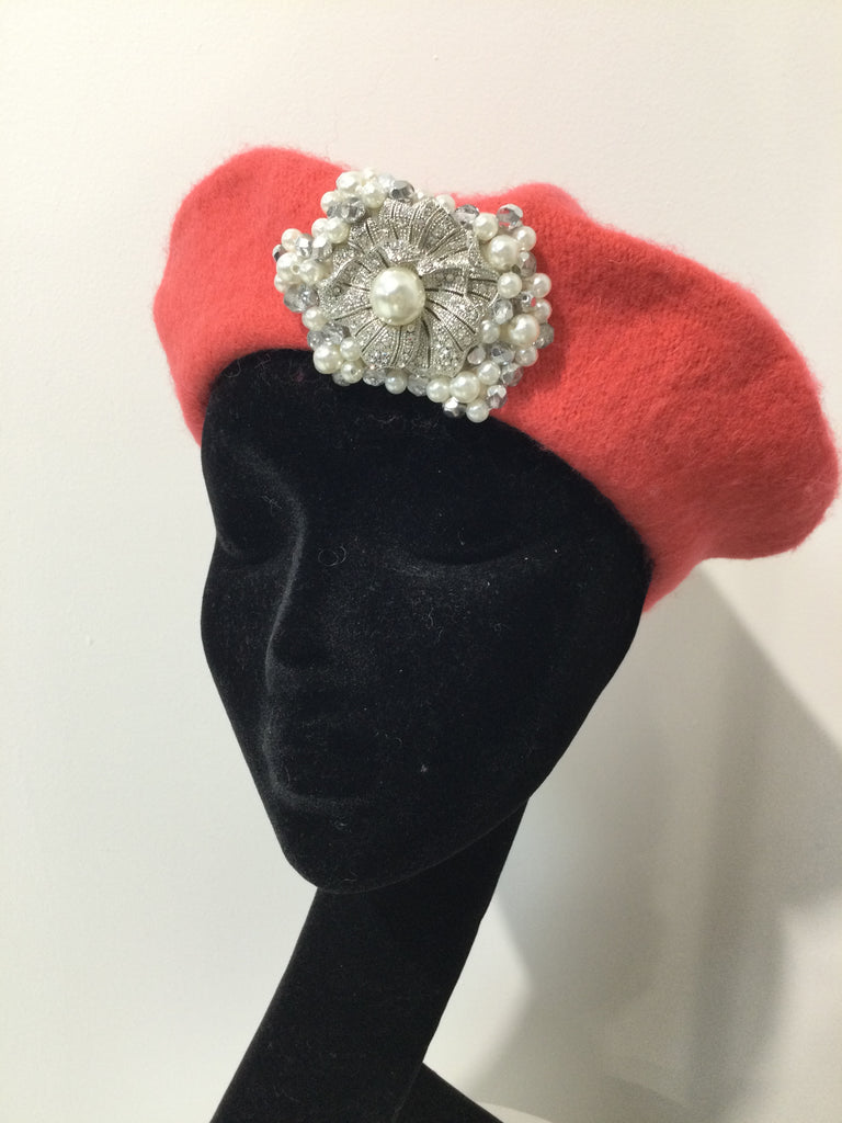 Coral Beret with Crystal Snowflake