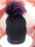 Navy Merino Hat with Navy Pom Pom With Pink Flecks