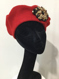 Red Beret with Black & Amber Crystals